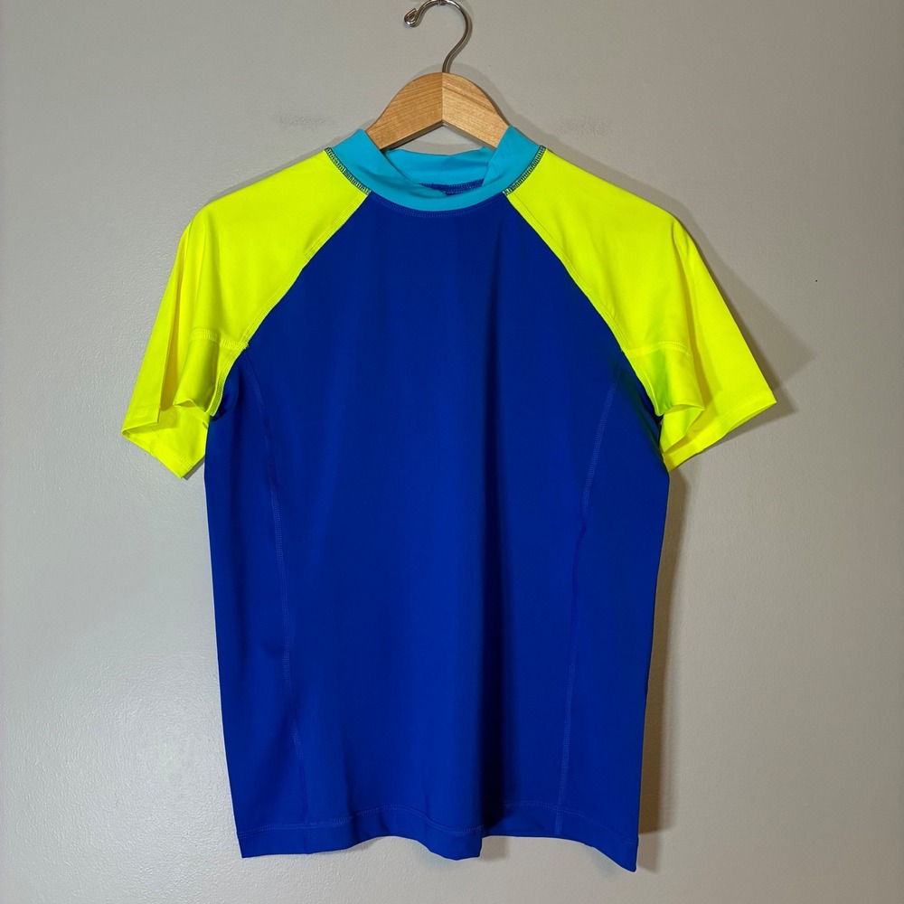 Lands End Boys Blue Yellow Colorblock Rash Guard Swim Shirt XL 14-16 S/S